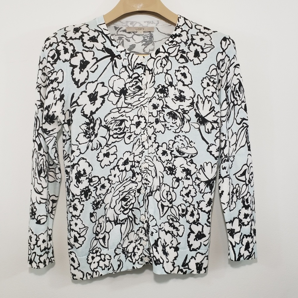 LOFT Cardigan | Floral Abstract Buttons Aqua Blue